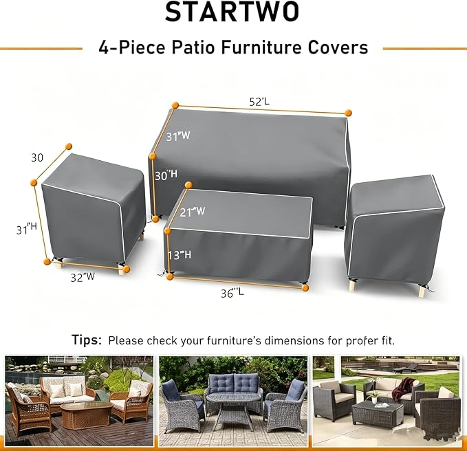 STARTWO Outdoor Waterproof Patio Furniture Covers 4-Piece Set for Chairs, Loveseat and Coffee Table,Grey+White Seams