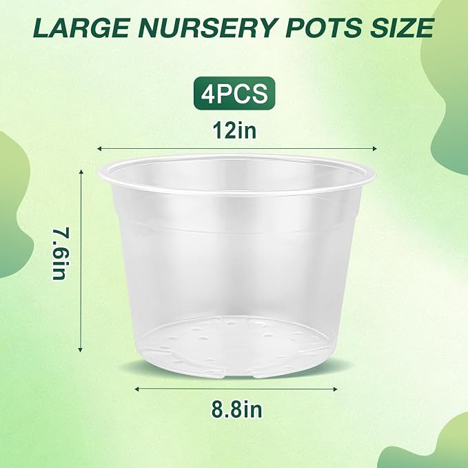 12 Inch Clear Nursery Pots with Drainage Holes, 4 Pack Flexible Large Plant Pots for Plants, Plastic Clear Nursery Pots for Seedling, Shrubs, Herbs, Flowers, Vegetables