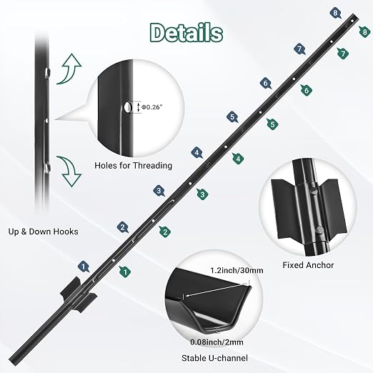 Fence Posts 4.8 Ft - 8 Pack, Heavy Duty Metal Fence Post, No Dig U Post for Farm, Garden, Orchard and Outdoor Wire Fencing (Black)