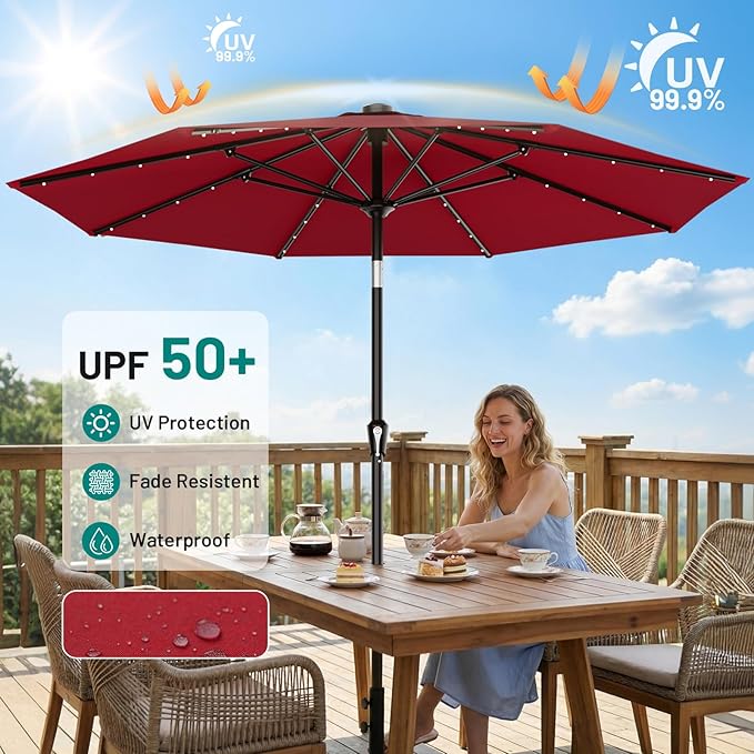 AreShark 9FT Patio Umbrella with Solar Lights, 32 Lighted Pool Umbrella w/Tilt and Crank, Outdoor Market Solar Umbrellas for Garden, Deck, Backyard, Pool and Beach, Dark Red