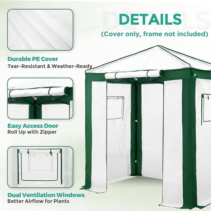 EAGLE PEAK Replacement Cover for 6x4 Portable Pop up Greenhouse with Polyester Reinforced Corners, Front Roll-Up Zipper Entry Door and 2 Roll-Up Side Windows (Frame Not Included), Green/White
