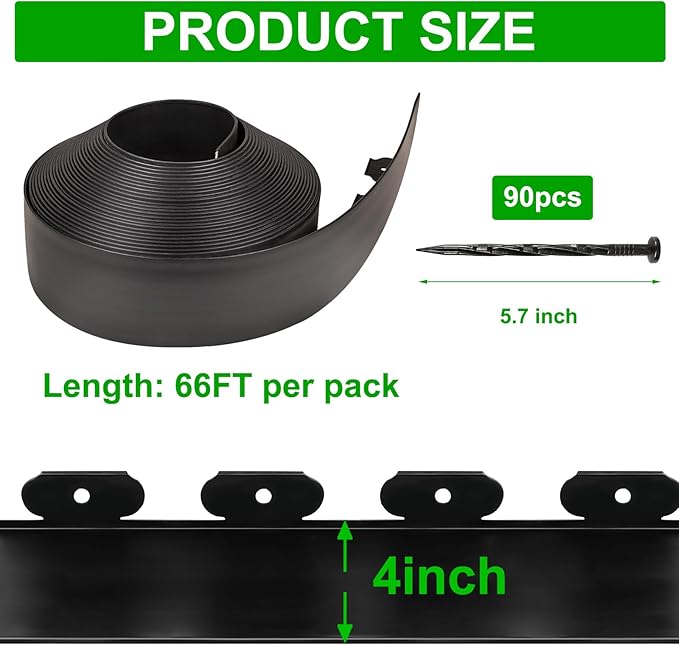 JERIA 4 Inch Tall 66 FT Garden Edging Kit with 90pcs Spikes, Plastic Edging for Landscaping