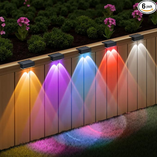 NIORSUN Solar Fence Lights,6 Pack Deck Light,Led Outdoor Lights Warm White + RGB Wall Lights,IP45 Solar Powered Light Waterproof for Backyard/Pool/Railing/Patio/Porch/Step/Outside/Garden (Black)