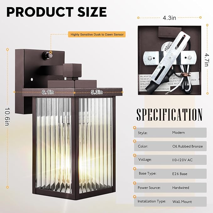 2 Pack Dusk to Dawn Outdoor Lighting, Waterproof Outdoor Porch Light with Tempered Glass, Outdoor Light Fixture for House Exterior Front Door Garage Patio(Oil-Rubbed Bronze)