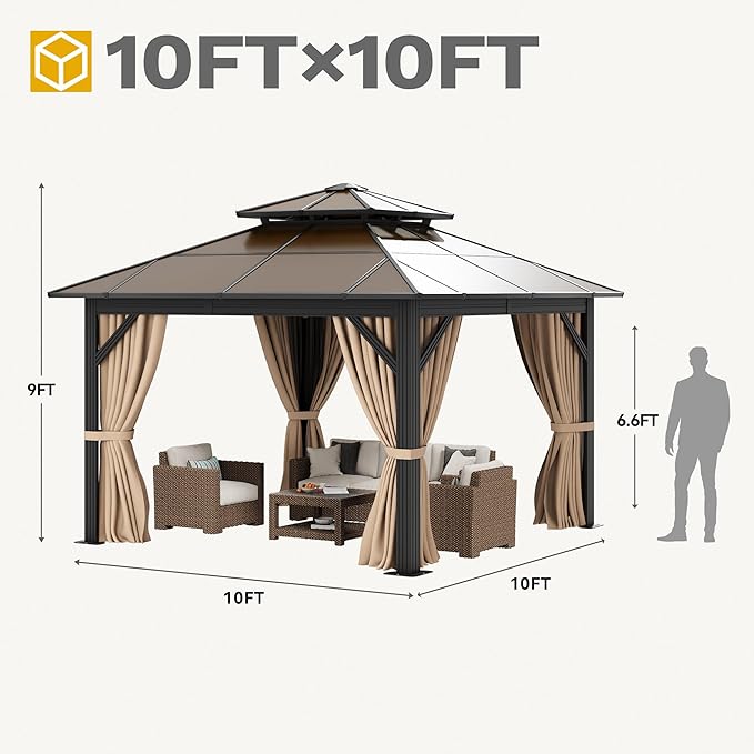 DWVO 10x10ft Gazebo Hardtop Double Roof Polycarbonate Canopy Outdoor with Netting and Shaded Curtains, Metal Frame Garden Tent for Patio, Backyard, Deck and Lawns, Brown