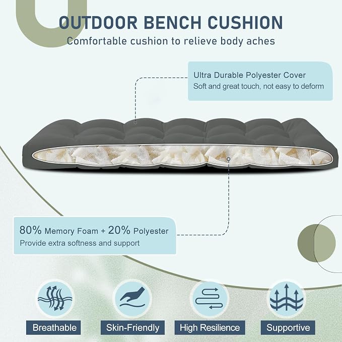 downluxe Outdoor Bench Cushion for Patio Furniture, Water Resistant Tufted Overstuffed Porch Swing Cushions, Thick Outdoor Loveseat Cushions, 59" x 18" x 5", Dark Grey, Set of 1