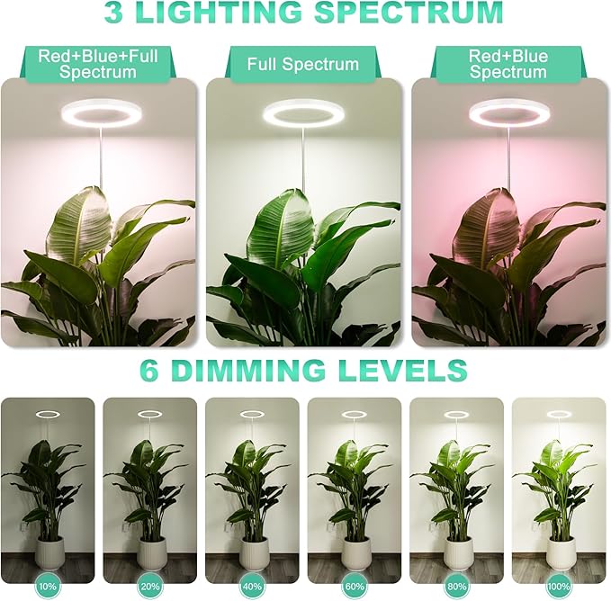 LORDEM 10" Grow Light for Indoor Plants, Full Spectrum Plant Lamp with160 LEDs, 4H/8H/12H Timer, 6 Dimmable Levels, 3 Spectrum Modes, Height Adjustable 65", Ideal for Large Tall Plants, Pack of 2 Pack