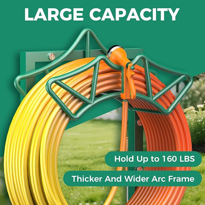 Garden Hose Holder with 2 Tool Hooks, Heavy-Duty Freestanding Hose Holder Holds 160Ft Hoses, Rustproof Freestanding Hose Stand with 4 Spikes Water Hose Hanger Storage Reel Rack for Outside, Yard, Lawn
