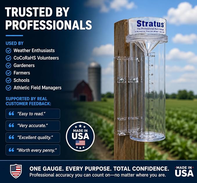 Stratus Precision Rain Gauge – 14" All-Weather Gauge with mounting Bracket, Accurate to 1/100", Durable and Easy to Read for Gardeners, Meteorologists, and Weather Enthusiasts | Dual-Cylinder Overflow Design