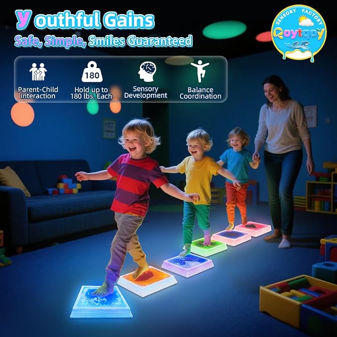 Light Up Stepping Stones for Kids Ages 3+, Sensory Stepping Stones with 7 Glow Colors & Liquid Motion, Non-Slip Indoor & Outdoor Toys for Toddler Balance & Motor Skills(3 Pack, Square)