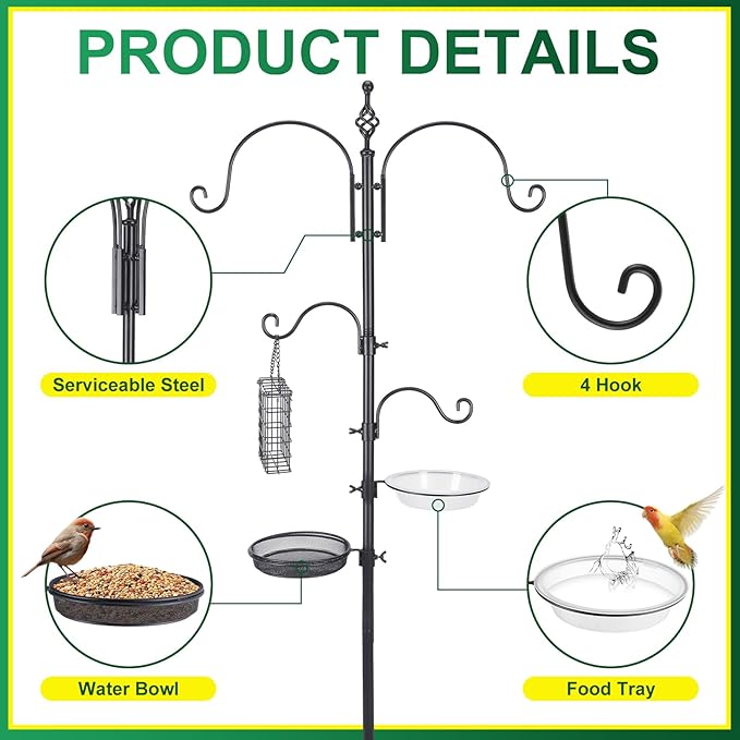 MorningRo Adjustable Shepherd Hook Stand, 34"- 55" Black Iron Shepherd Hook with Base for Plant Hanging, Wind Chime & Bird Feeder - Outdoor Garden Porch Decoration(Basic Style)