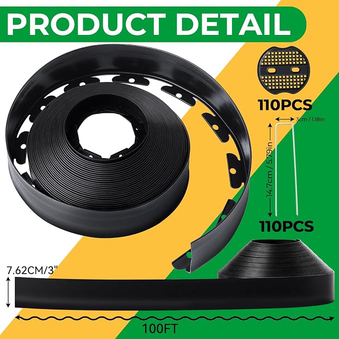 GOTGELIF Landscape Edging Border Kit No Dig, 3'' x 100FT, Black Garden Edging with 110 U-Shaped Nails for Lawn, Flower Beds, and Yard Borders