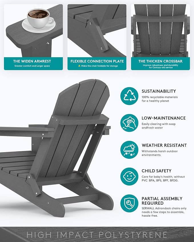 SERWALL Folding Adirondack Chair with Cup Holder Set of 4, Weather Resistant HIPS Patio Chairs, Wooden Textured, Fire Pit Chairs for Garden Outdoors Fire Pit - Gray