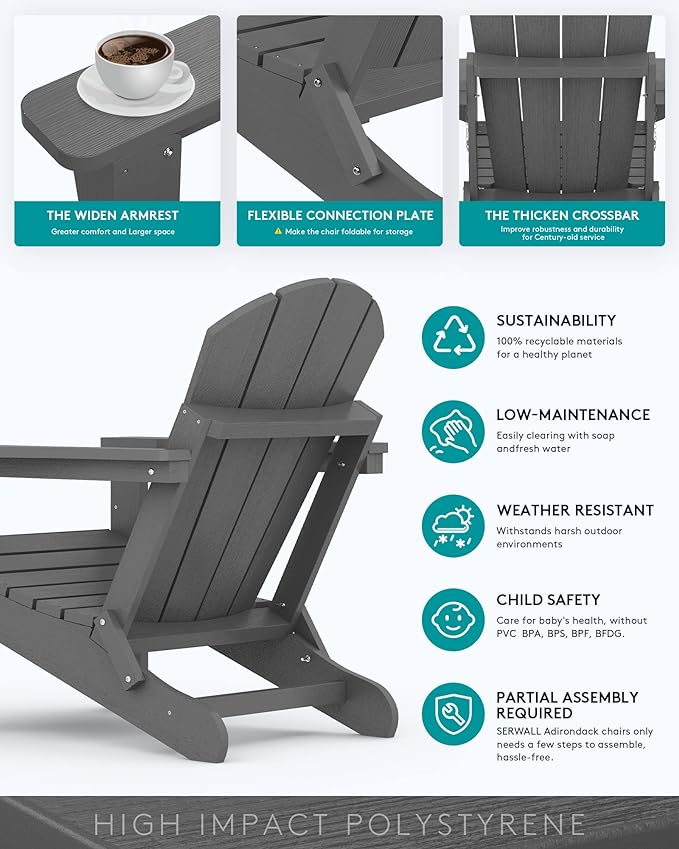 SERWALL Folding Adirondack Chair with Cup Holder Set of 2, All Weather Adirondack Chairs, Fire Pit Chairs for Patio Garden Outdoors Fire Pit - Gray