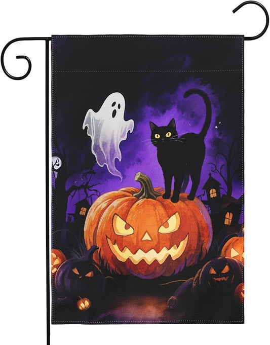 Halloween Pumpkin Ghost Black Cat Garden Flag 12x18 Inch Tree House Shadow Spooky Scary Holiday Decorative Yard Flags for Outside Double Sided Outdoor Home Farmhouse Decoration Porch Decor