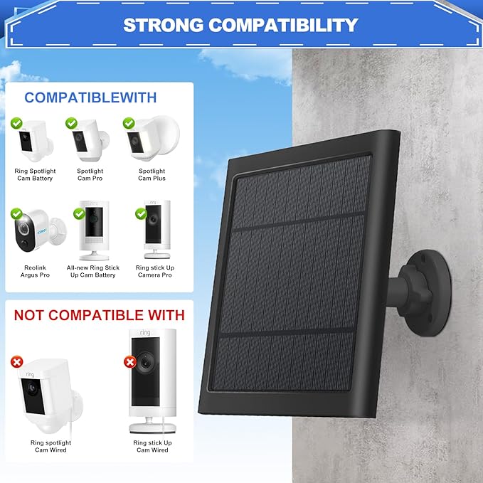 Solar Panel for Camera 5W Solar Charger Compatible with Ring Spotlight &Stick Up Outdoor Cam Battery, 16.4ft Long Cable with Barrel Plug Adapter to USB-C/Micro USB (Black, 1 Pack)