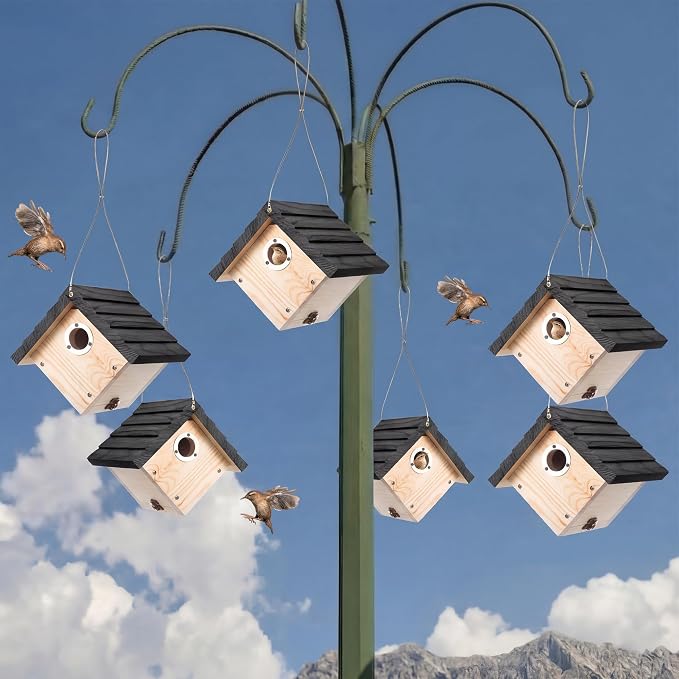 Dreyoo 8 Pack Wren House, 1-1/8'' Entrance Hole Hanging Wooden Wren Bird Houses for Outside with Metal Guard, Air Vents, Pine Wood for Chickadees (Black,Wood Color)