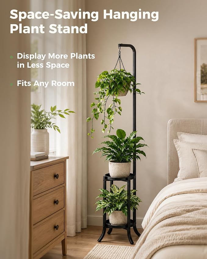 Bamworld Hanging Plant Stand Indoor Corner Tall Plant Shelf Outdoor Space-Saving Metal Plant Holder for Multiple Plants 2 Tier Planter Stand for Patio Garden Balcony Living Room Black