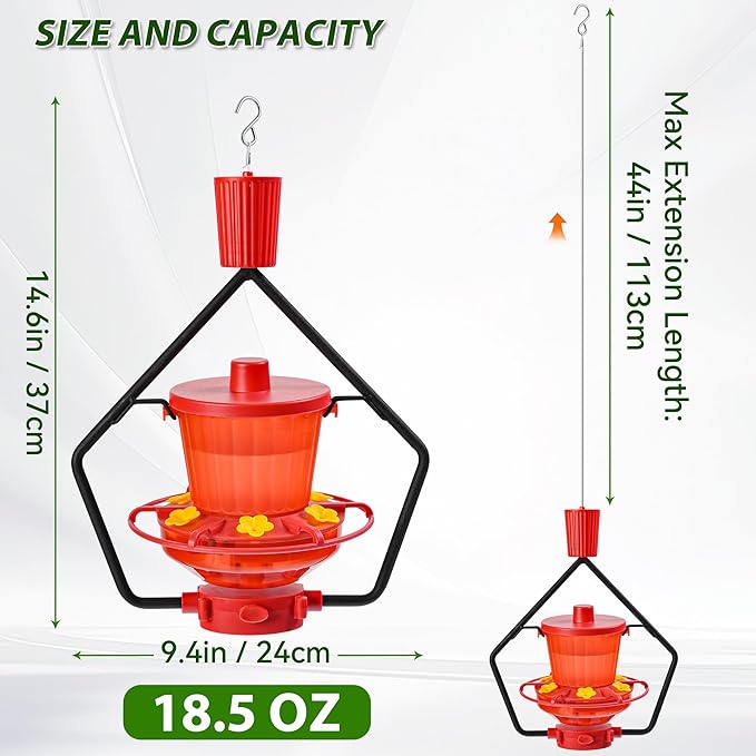 Retractable Hummingbird Feeder – 6 Feeding Ports, Leak-Proof, Ant & Bee Proof, Easy Top-Fill & Easy to Clean, Durable ASA Plastic, 18.5 oz Capacity, Adjustable Hanging System with 44" Extension(Red)