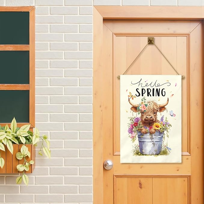 Hello Spring Garden Flag Large Highland Cow Polyester House Banner Double Sided Vertical Farmhouse Butterfly Floral Yard Flags Rustic Daisy Banner for Seasonal Outdoor Decor 28 x 40 Inch