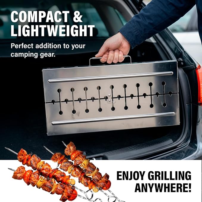 Stainless Steel Charcoal Grill for 8 Skewers – Portable BBQ 16.93"×9.45"×16.93" – Foldable Kabob Mangal – Rustproof Shish Kebab Grill for Outdoor Cooking, (Skewers Not Included)