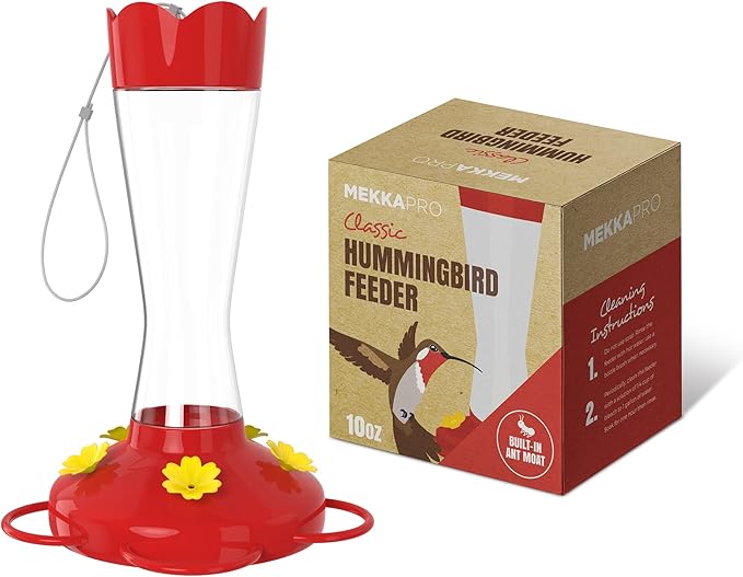 MEKKAPRO Outdoor Hummingbird Feeder Made from Glass, Humming Bird Feeders for Outdoors Hanging Ant and Bee Proof with 5 Nectar Feeding Stations, Bright Red, Backyard Feeder (10 Ounces)