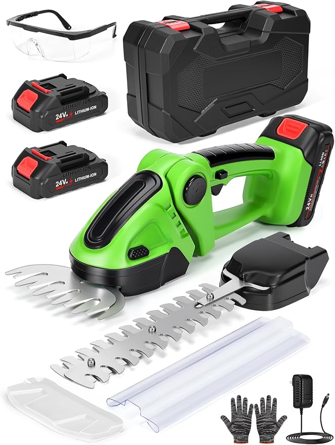 Electric Hedge Trimmer Cordless，2-in-1 2000RPM Handheld Hedge Shears Grass Cutter with 2 Rechargeable Battery and Charger, Shrub Bush Trimmer Grass Shears Gardening Tools for Yard, Lawn (Green)