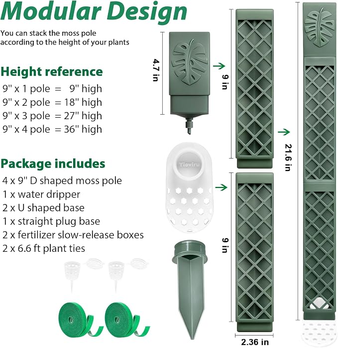 4 Psc 9 Inch D Shaped Moss Pole with Watering Dripper, Plastic Moss Poles for Climbing Plants, Sturdy Monstera Plant Support, Self Watering Moss Pole Kit for Plants Indoor(Green)