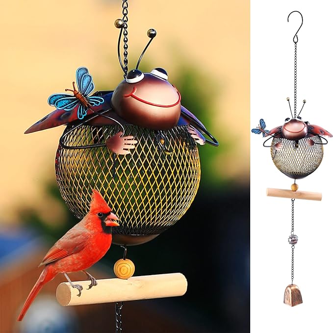 Solar Ladybug Wild Bird Feeders Squirrel Proof for Outside - Unique Cute Metal Ladybug Bird Feeder with Solar Light, Wind Chime, Gift for Bird Lovers(Ladybug)