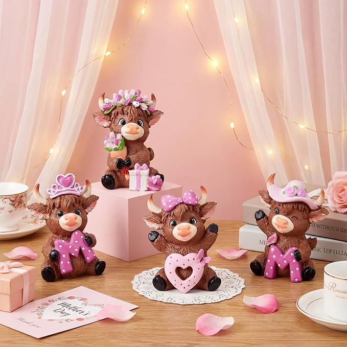 Simgoing 4 Pack Mother's Day Highland Cow Figurines Pink Highland Cow Statue Decor for Mom Miniature Cattle Statues Decoration for Mother's Day Tabletop Centerpieces Home Decor Calf Lovers Gifts
