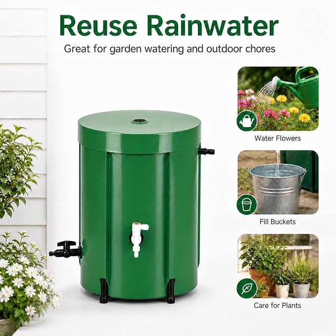 Collapsible Rain Barrel 53 Gallon, PVC Rainwater Collection Barrel with Spigot, Overflow & Mesh Screen — Portable, Foldable Water Storage Tank for Garden, Lawn & Outdoor Watering