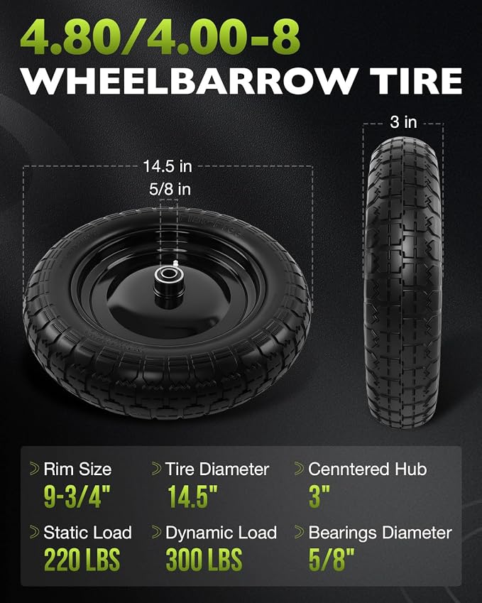 4.80/4.00-8 wheelbarrow tire, 14.5" Flat Free Solid Tire and Wheel, 3" Centered Hub, 5/8" & 3/4" Bearings, Universal Replacement for Garden Carts Wagon Wheel Barrow, 2 Pack