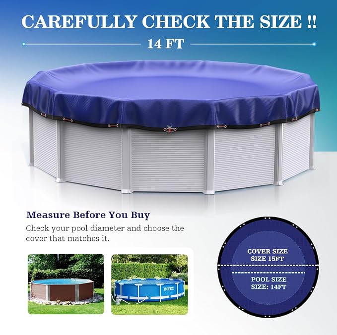 [2026 Upgrade 185GSM] UIRWAY 14FT Pool Cover Heavy-Duty PE Above Ground Round Pool Cover, Metal Buckle, Cold & UV Resistant, Tearproof