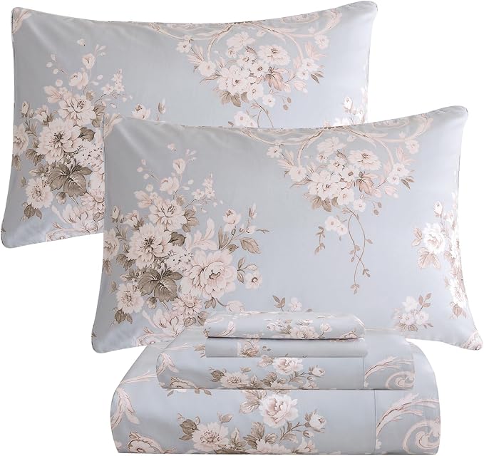 QSH Floral Queen Size Sheet Sets - 100% Egyptian Cotton Sheets Elegant Blue Vintage Paisley Flower Pattern Printed Bedding Sheets Queen Size Bed Breathable 4pcs Deep Pockets Bed Sheets