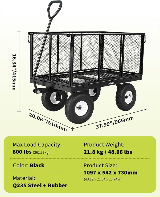 Garvee Versatile Outdoor Utility Cart-800LBS Heavy-Duty, 10" All-Terrain Pneumatic Tires, Easy Maneuverable Lawn Cart with Removable Mesh Panels for Gardening&Landscaping, Black, with Waterproof Liner