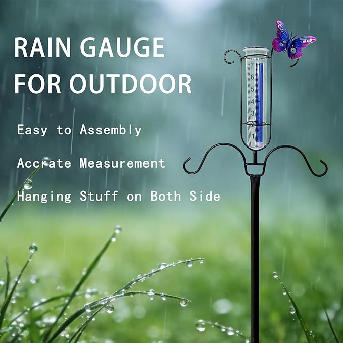 61" Shepherds Hook with Rain Gauge Outdoor, 3/4 Inch Thick Bird Feeder Pole with 5-Prong Base, Metal Rain Gauge Stake with Blue Stripe & Large Numbers, Tall Shepherds Hooks for Yard Garden Decor