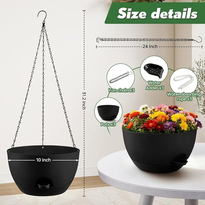 3-Piece Set of 10-Inch Hanging Planters with Automatic Watering System and Drip Tray, Includes Metal Chain, Suitable for Various Indoor and Outdoor Plants and Flowers,Black