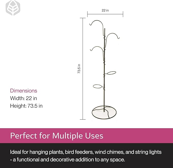 Yard Butler YT-5 Yard Tree Hanging Garden - Three Shepherd Hooks for Outdoor or Indoor Plant Hanging - Two Circular Holders for Plant Pots - Heavy Duty Anti-Tip Base and Steel Center Pole, Black, (IYT5)