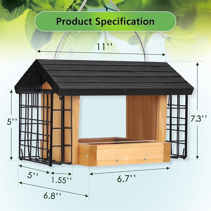 Gbekery Hopper Bird Feeder for Outdoors Hanging, Wooden Bird Feeder with Double Suet Cage and Large Seed Capacity, Cedar Wood Suet Feeder with Weatherproof Roof, Garden Decoration