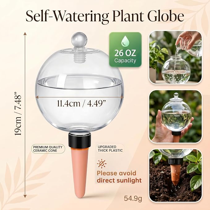6 Pack 26 oz Extra Large Plant Self Watering Globes with Caps, Slow Release Watering Bulbs for Indoor/Outdoor Plants, Up to 3 Weeks Watering, Durable for Vacation, Gift for Plant Lovers