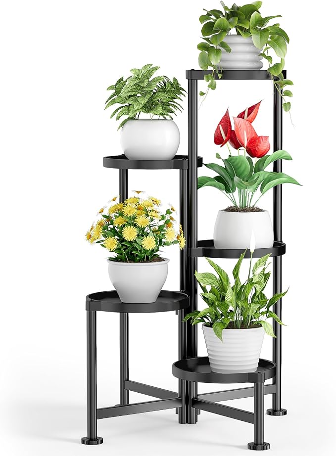 Kitsure Plant Stand Indoor & Outdoor - 5-Tier Plant Shelf with Deep Trays & Leveling Feet, Easy Assembly, Space-Saving Tiered Plant Stand for Bedroom, Living Room, Porch, Black