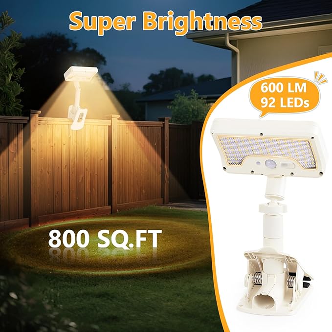 Clip On Solar Lights Outdoor with Motion Sensor, 360°Rotatable & Vertically Adjustable Solar Fence Lights with 92 LEDs (600 LM, 3000 K),IP65 Waterproof Security Light for Deck, Gutter（White, 1 Pack）