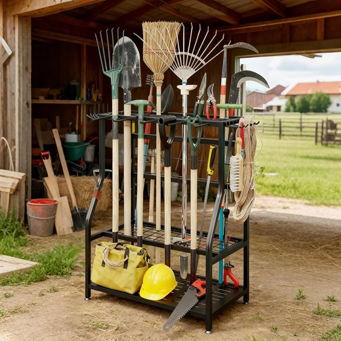 Garden Tool Organizer Holder Heavy Duty Steel Rack Up to 60 Long Handled Tools for Garage Shed Outdoor Garden Yard Black