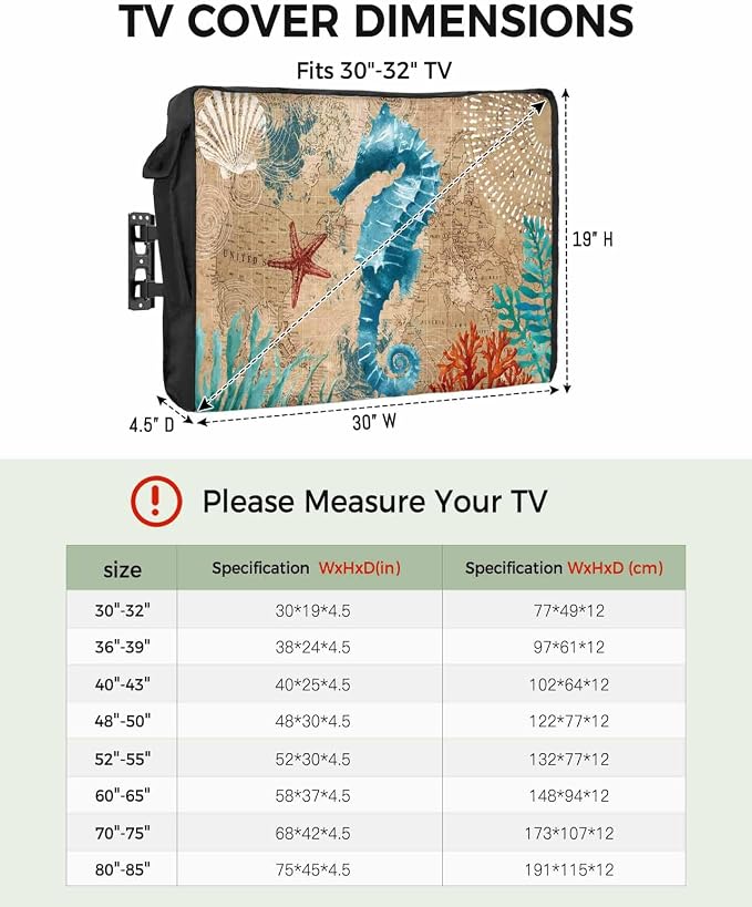 T&H XHome Outdoor TV Cover - Nautical Theme Marine Life Seahorse Waterproof and Weatherproof 52"-55" LCD Movable Shield TV Display Screen Protector Outside Television Covers
