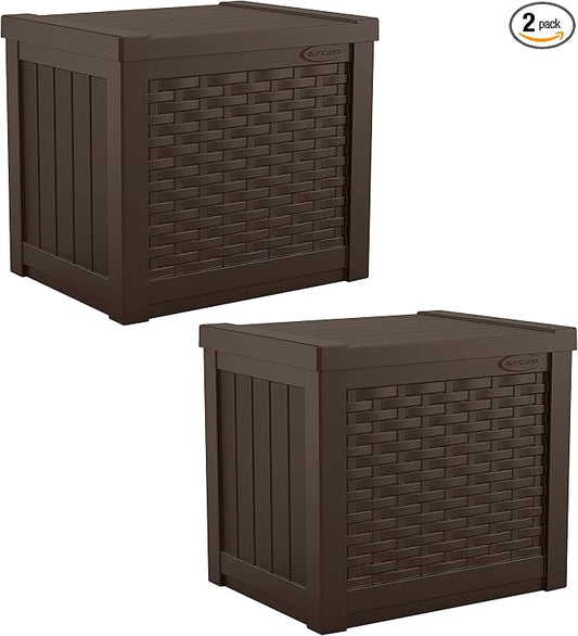 Suncast 2 Pack 22-Gallon Small Deck Box - Lightweight Resin Storage Container and Seat for Patio Cushions and Gardening Tools - Store Items on Patio, Garage, 22.5"L x 17"W x 22.5"H, Yard - Java Brown