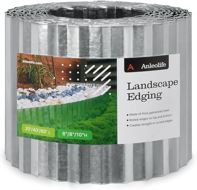 A ANLEOLIFE 40ft Galvanized Steel Landscape Edging Roll, 6" Tall Sturdy Flexible Corrugated Metal Lawn Border for Garden, Pathway & Flower Beds, Silver