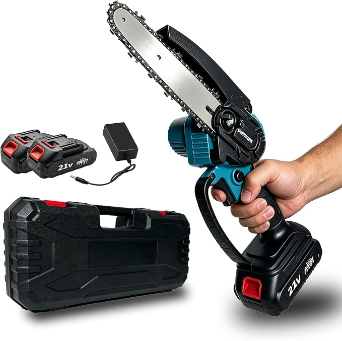 Mini Chainsaw Cordless, 6 Inch Handheld Electric Chain Saw with 2 Batteries, 21V Battery Powered with Security Lock for Tree Trimming, Wood Cutting, Pruning, Gifts for Men Dad Husband