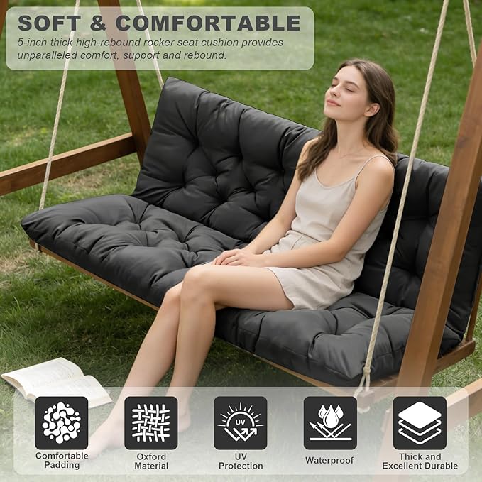 Porch Swing Cushions,Outdoor Cushions 3 Seater Replacement with Backrest, Waterproof Thickened Bench Cushion with Ties for Porch, Patio,Outdoor, Backyard and Garden (Black 40 * 40 in)