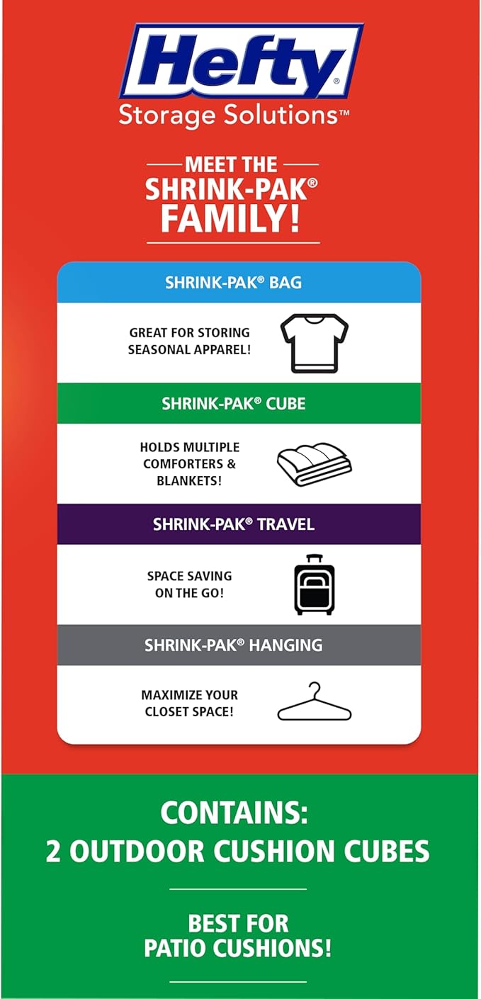 Shrink-Pak Hefty Outdoor Cushion Storage Cube 2-Pack | Patio Cushion Storage Bag Set with Vacuum Valve, Heavy Duty Outdoor Cushion Storage Bags Set for Patio Furniture