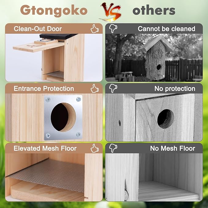 Gtongoko 2 Pack Bird Houses for Outside, Bluebird Nesting Box with Metal Predator Guard, Wooden Birdhouse Kit for Chickadees, Swallows & Finches, Assembly Required